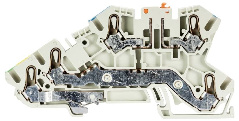 Connecteur électrique gris avec contacts métalliques, design symétrique et marquages colorés. Le boîtier révèle une structure intérieure détaillée.