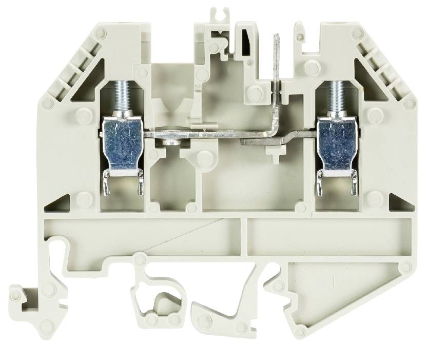 Une barrette de connexion grise avec deux bornes à vis en métal, adaptée pour la fixation de conducteurs électriques dans un coffret électrique.