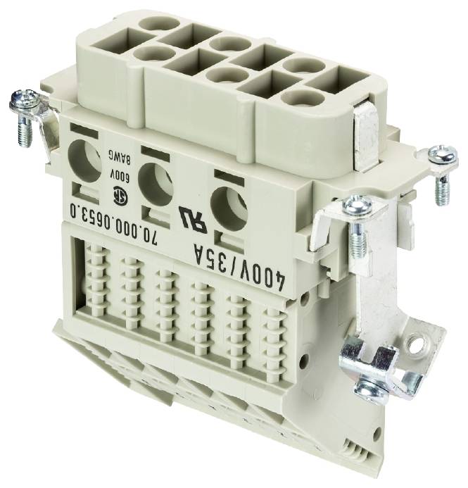 Un connecteur électrique multipolaire gris avec bornes à vis, adapté pour une tension de 400 V et un courant allant jusqu'à 63 A.