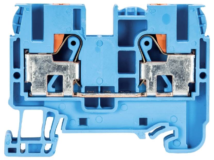 Un connecteur électrique bleu en plastique avec des éléments métalliques, monté horizontalement et conçu de manière symétrique.