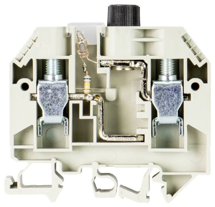Coupe transversale d'un bloc de fusibles électrique avec des bornes métalliques et une résistance, montrant le câblage interne et les composants.