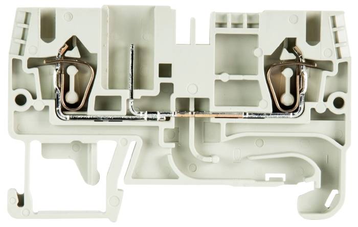 Un détail d'un bloc de bornes électrique est représenté. Des connexions métalliques et un tissu plastique pour la fixation des câbles sont visibles.
