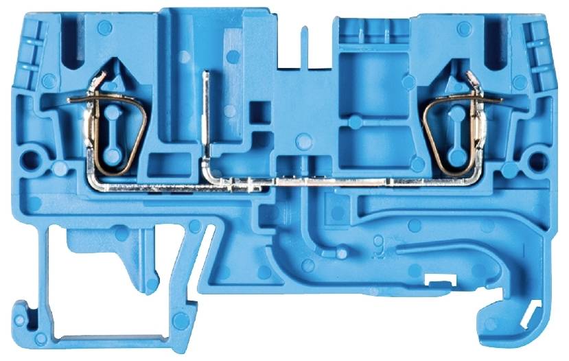 Un bloc de connexion électrique bleu avec des bornes métalliques et des chemins de câblage internes, adapté pour le câblage industriel.