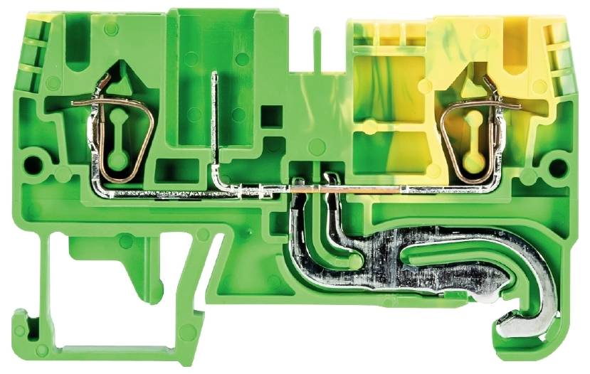 Bloc de bornes de terre vert et jaune avec connexions métalliques et bornes en plastique transparent. Composant électrique pour montage en armoire électrique.