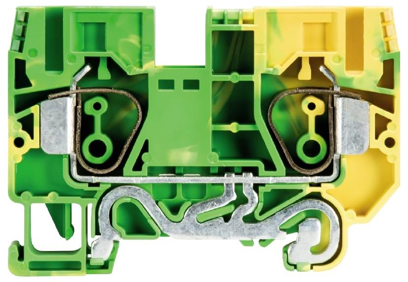 Bloc de raccordement électrique vert et jaune en plastique, avec connexions métalliques et mécanisme à ressort pour la fixation des câbles.