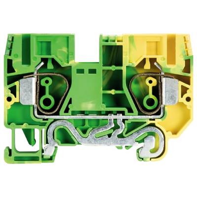 Bloc de raccordement électrique vert et jaune en plastique, avec connexions métalliques et mécanisme à ressort pour la fixation des câbles.