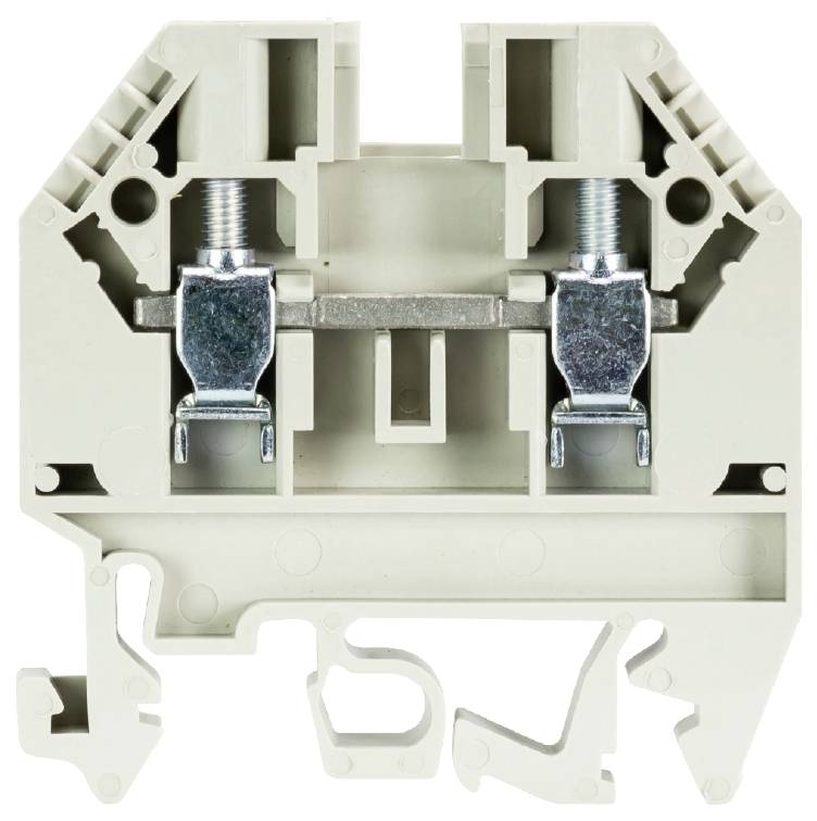 Bloc de bornes, plastique beige, deux bornes métalliques au centre, adapté pour les connexions électriques, usage industriel.