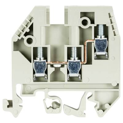 Un bloc de jonction gris bipolaire avec connexions métalliques, utilisé pour le câblage électrique dans les tableaux et boîtes électriques.