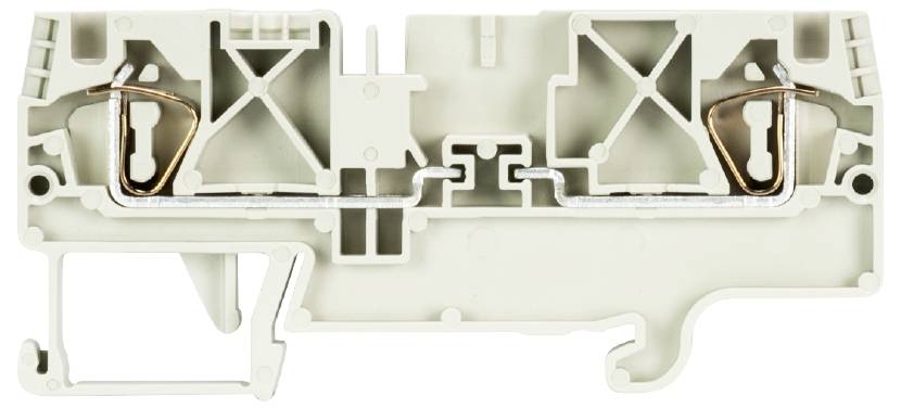 Bloc de bornes en gris clair avec deux étriers métalliques permettant des connexions électriques.