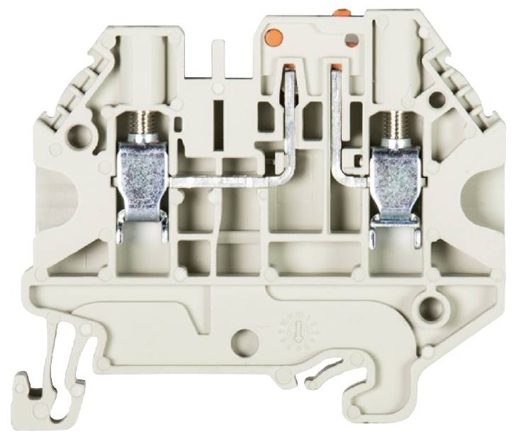 Un bornier électrique gris avec contacts métalliques dans un boîtier, adapté aux applications industrielles.