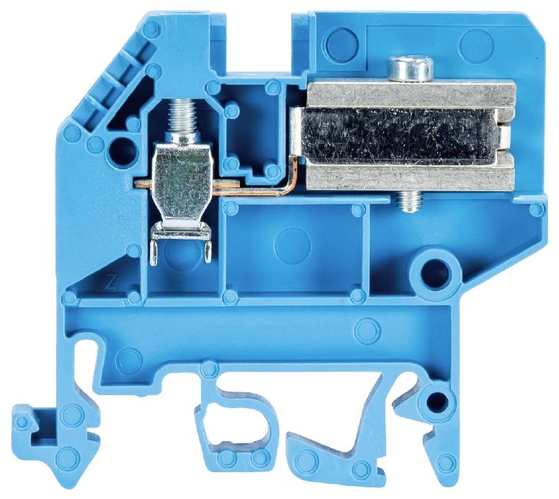 Composant mécanique bleu en plastique et en métal, montrant sa structure interne et ses composants. Élément principal d'un système électrique.