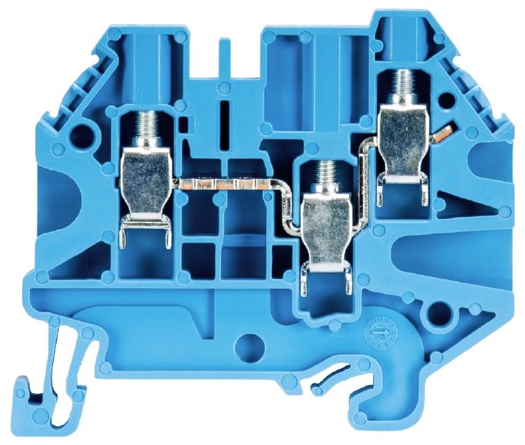 Bloc de bornes électrique bleu avec connexions métalliques et bornes à vis pour la fixation de conducteurs.