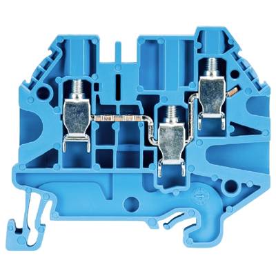 Bloc de bornes électrique bleu avec connexions métalliques et bornes à vis pour la fixation de conducteurs.
