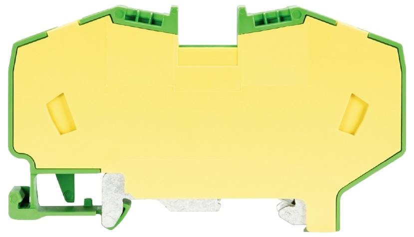 Pièce en plastique jaune et vert, probablement un bloc de connexion électrique, avec des supports latéraux et des contacts métalliques sur la face inférieure.