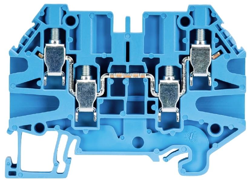 Une pièce en plastique bleu avec quatre attaches métalliques, probablement une borne de connexion électrique, servant à fixer des câbles.