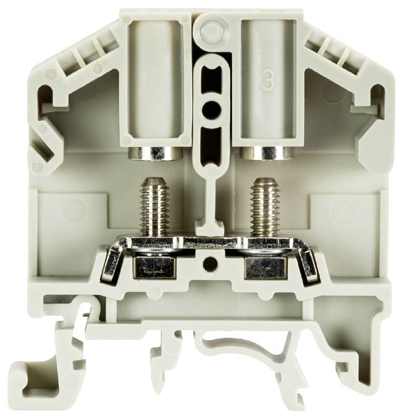 Boîtier en plastique d'un connecteur électrique avec deux bornes à vis.