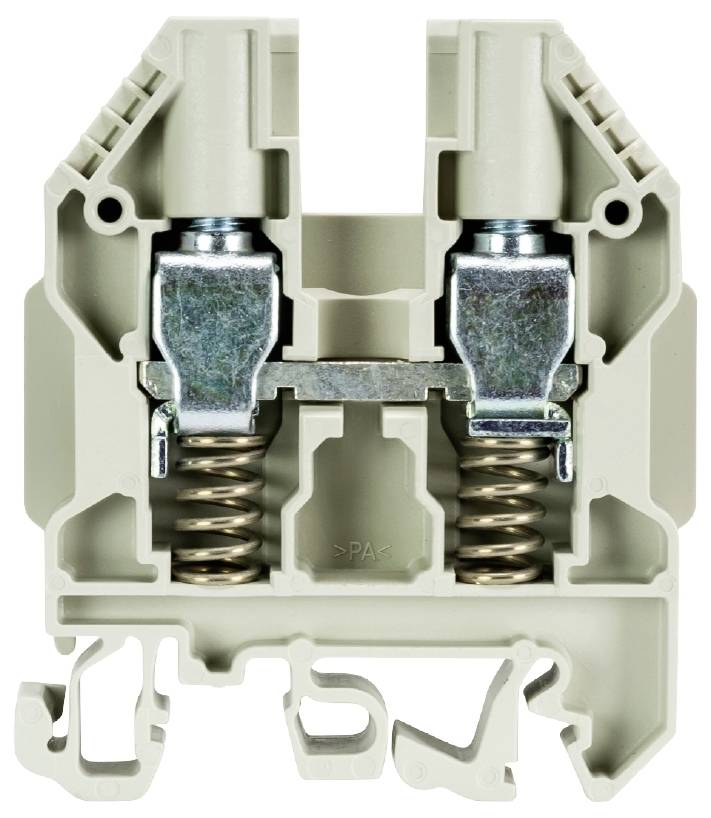 Un bloc de bornes électrique gris avec contacts métalliques et mécanisme à ressort, destiné à être utilisé dans des installations électriques.