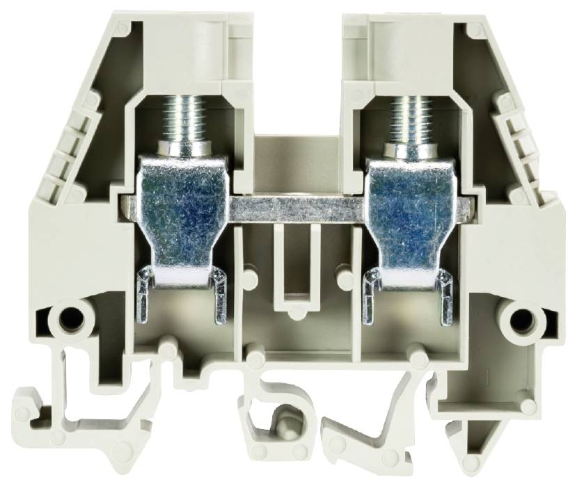 Bloc de bornes électrique gris en série, avec deux connexions à vis métalliques au centre, utilisé pour raccorder des lignes électriques.