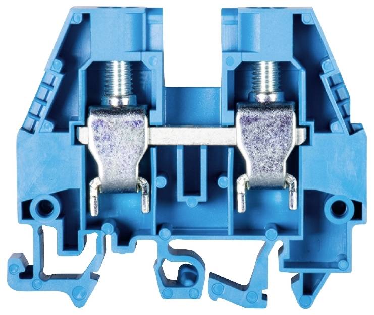 Un bloc de bornes en série électrique bleu en plastique, montrant deux points de serrage avec des contacts métalliques et des connexions à vis.