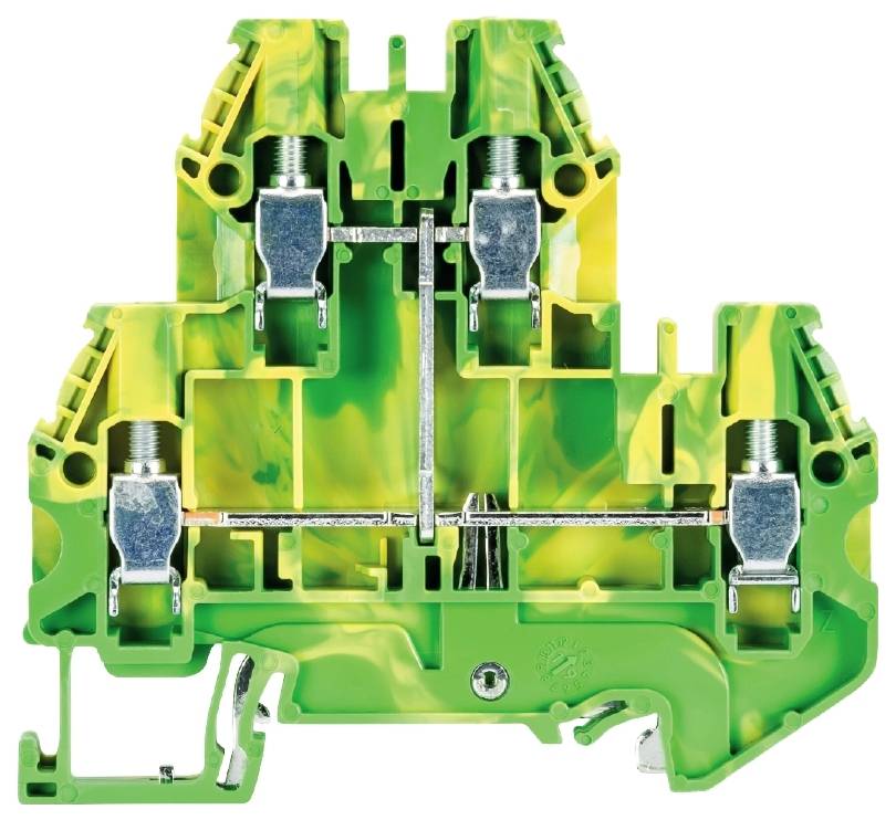 Système de bornes électriques en série vert et jaune, avec des connexions métalliques et des raccords à vis visibles.
