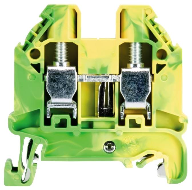 Un bloc de bornes de terre jaune-vert avec deux connexions à vis et des parties métalliques, pour la fixation sécurisée des câbles électriques.