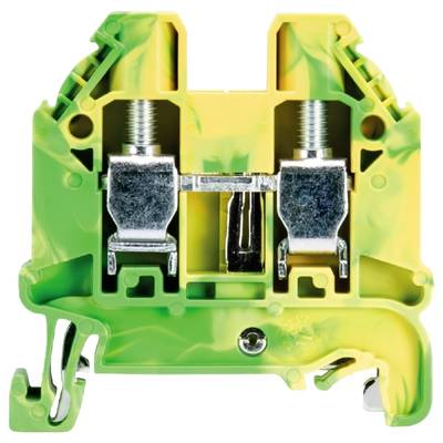 Un bloc de bornes de terre jaune-vert avec deux connexions à vis et des parties métalliques, pour la fixation sécurisée des câbles électriques.