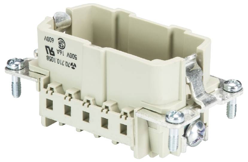 Connecteur électrique en plastique, de forme rectangulaire, avec des vis métalliques sur les côtés pour la fixation et des contacts électriques.