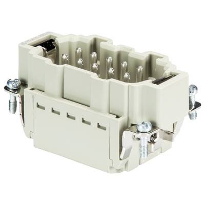 Connecteur électrique rectangulaire beige avec plusieurs broches métalliques rondes et des vis de fixation sur les côtés.