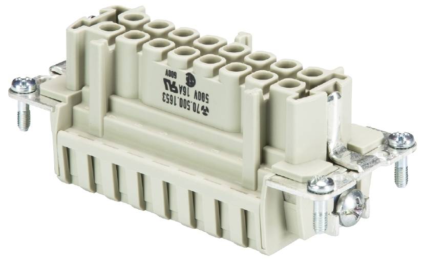'Un connecteur industriel rectangulaire de couleur beige, avec des bornes multipolaires et des vis de fixation sur les côtés.'