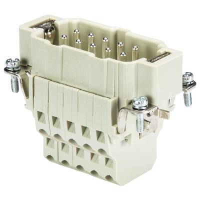 Une prise électrique rectangulaire beige avec plusieurs broches et des vis latérales pour la fixation, utilisée dans des appareils.