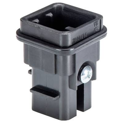 Un connecteur rectangulaire noir en plastique avec une broche métallique sur le côté, utilisé pour les connexions électriques.