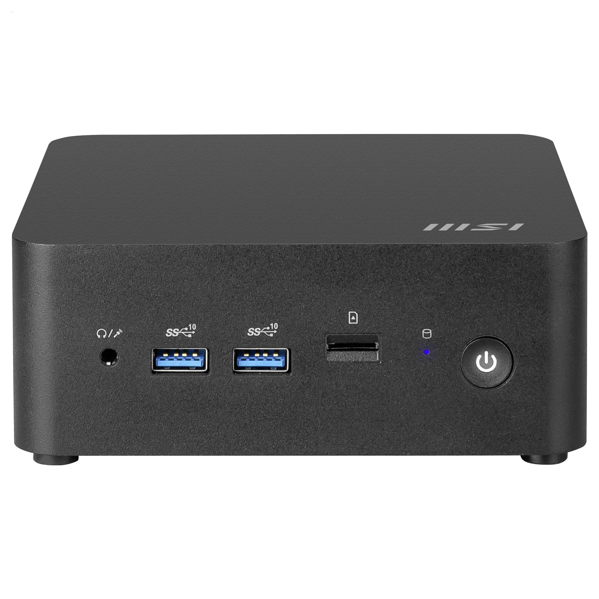 Mini-PC noir avec logo de marque, ports USB, port audio et bouton marche/arrêt sur la façade.