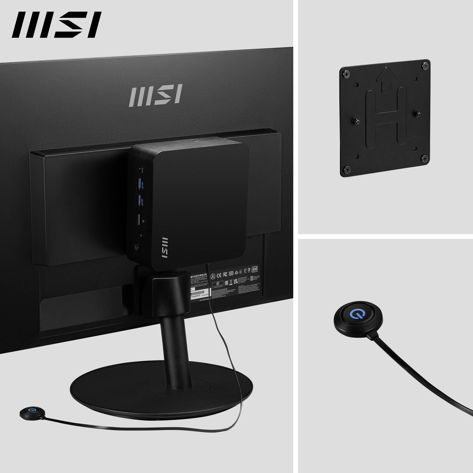 Dos d'un moniteur MSI avec un mini-PC monté. À côté, un support démonté et un câble USB-C.