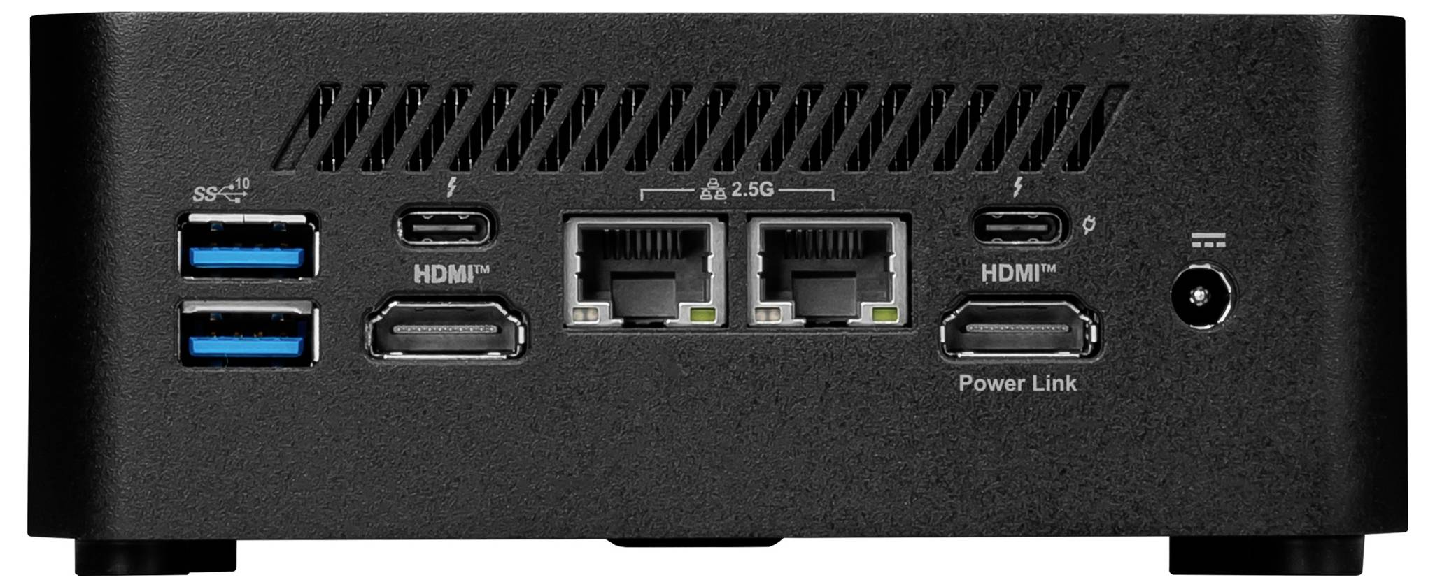 Un boîtier d'ordinateur noir avec différents ports : deux ports USB bleus, deux ports HDMI, deux ports Ethernet, un port HDMI avec connexion Power Link.