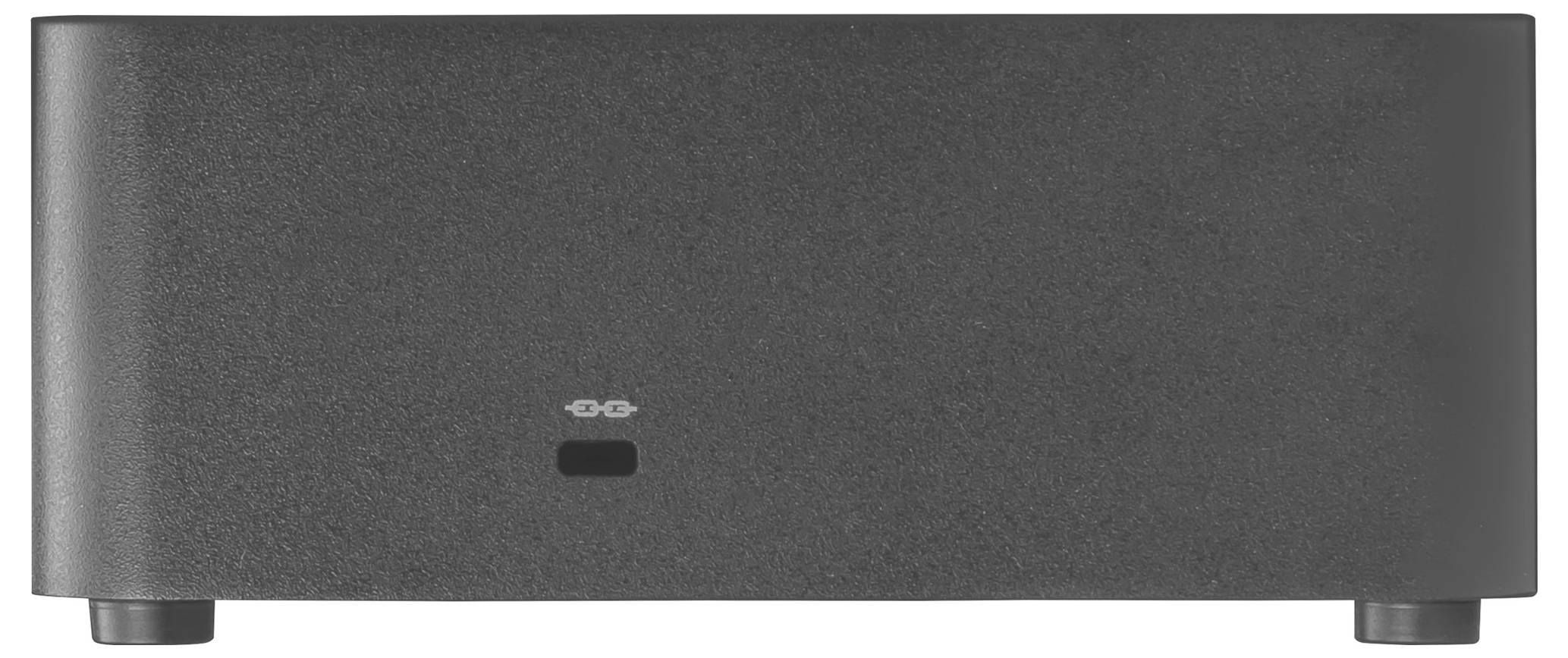 Un haut-parleur noir rectangulaire aux coins arrondis, avec un petit logo au centre en bas, posé sur une surface grise.