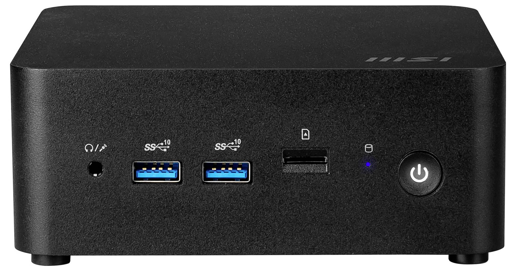 Un mini-ordinateur de bureau noir avec deux ports USB, une prise casque, un lecteur de carte mémoire et un interrupteur d'alimentation.