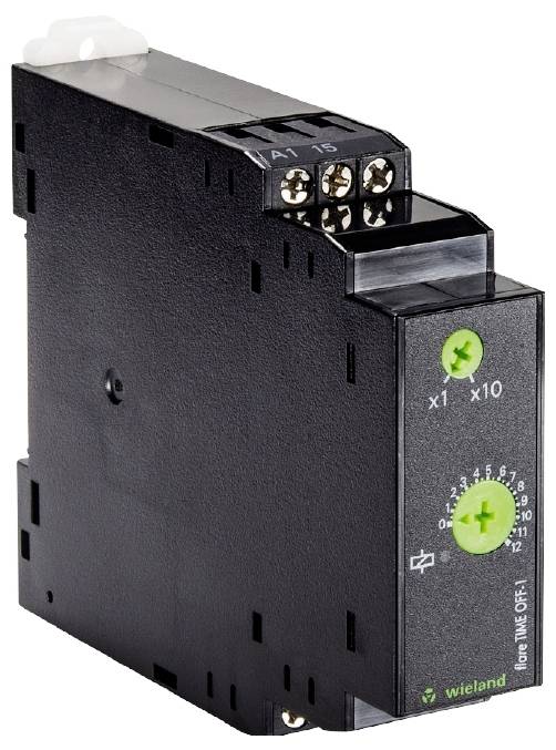 Relais temporisé dans un boîtier noir avec des boutons de réglage verts pour les réglages de temps. Quatre bornes de connexion en haut.