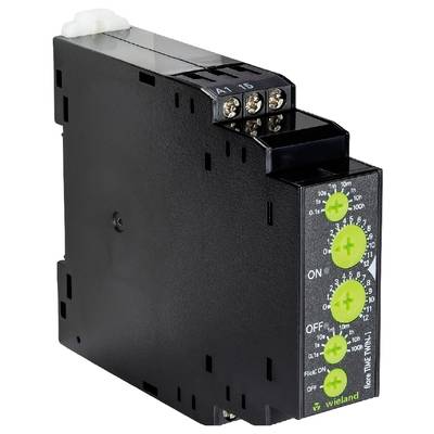 Un module de relais temporisé électronique noir avec des boutons rotatifs verts pour le réglage du temps, des bornes de connexion en haut et un logo d'entreprise en bas.