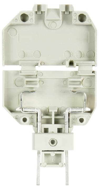 Barrette de bornes en plastique gris à deux rangées, avec supports métalliques, utilisée pour les connexions électriques dans les armoires de commande.
