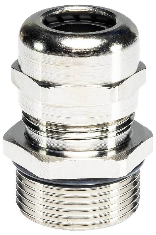 Presse-étoupe métallique, de forme cylindrique, composé de plusieurs composants filetés, destiné à assurer une connexion de câble sécurisée dans des boîtiers.