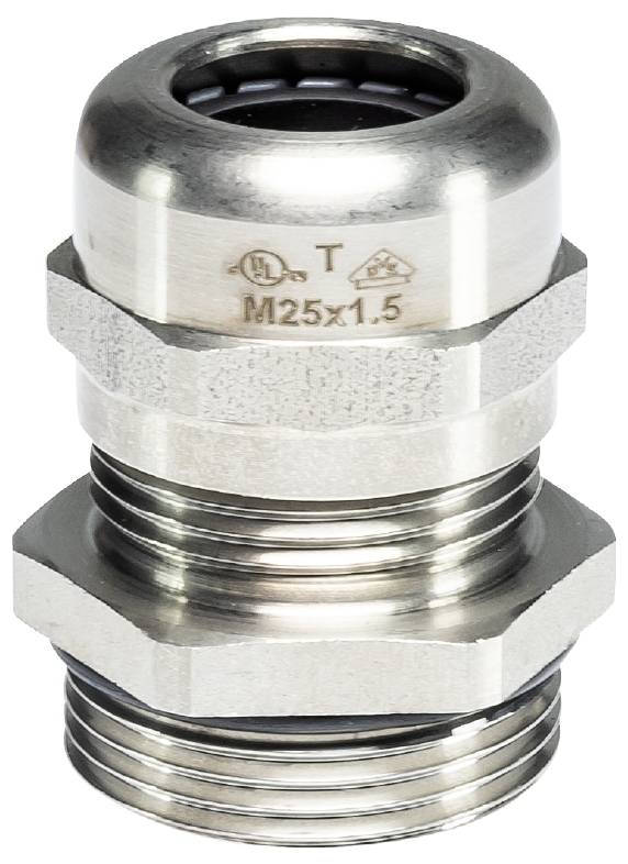 Presse-étoupe métallique avec filetage 'M25x1,5', deux écrous hexagonaux et joint d'étanchéité, adapté aux applications industrielles.