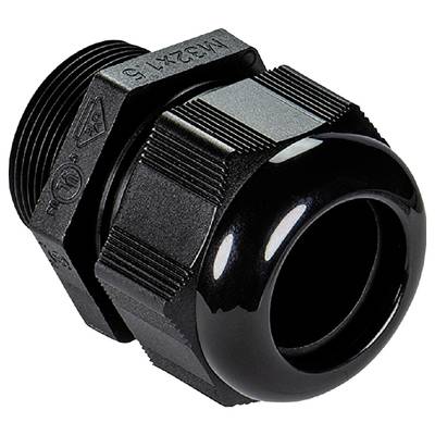 Un presse-étoupe noir en plastique avec filetage et partie rotative striée, adapté pour la fixation des câbles.