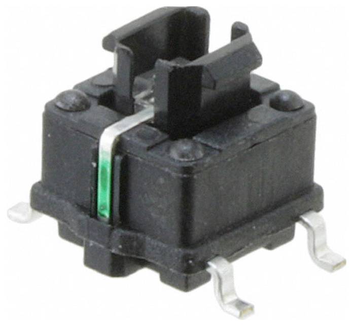 Un commutateur mécanique noir à clavier avec quatre broches métalliques et une tige centrale verte, utilisé dans les claviers pour fournir une réaction tactile lors de l'appui sur les touches.