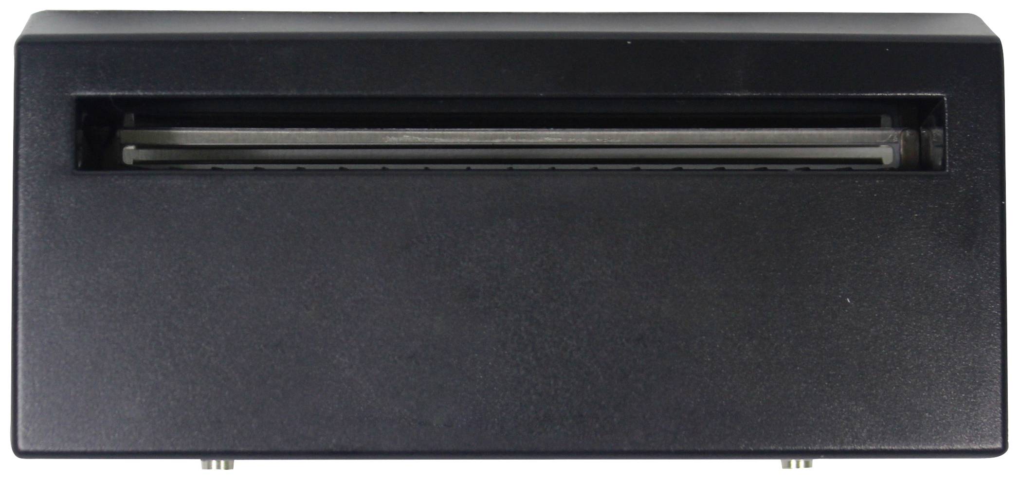 Appareil noir, rectangulaire, avec une fine fente sur le dessus, probablement un lecteur de cartes.