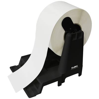 Un rouleau de papier d'étiquettes blanc sur un dérouleur d'étiquettes noir.