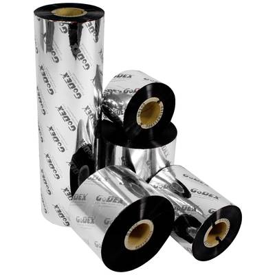 Plusieurs rouleaux de film transfert thermique noir et argent portant l'inscription 'GoDEX', empilés les uns sur les autres, utilisés pour l'étiquetage.