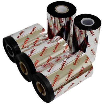 Cinq rouleaux brillants avec un ruban noir et le logo 'GODEX' imprimé en lettres rouges sur la surface. Ils sont disposés côte à côte.