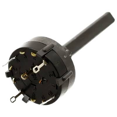 Un commutateur rotatif avec douze bornes numérotées, utilisé pour sélectionner différents circuits électriques, montré en vue de côté.