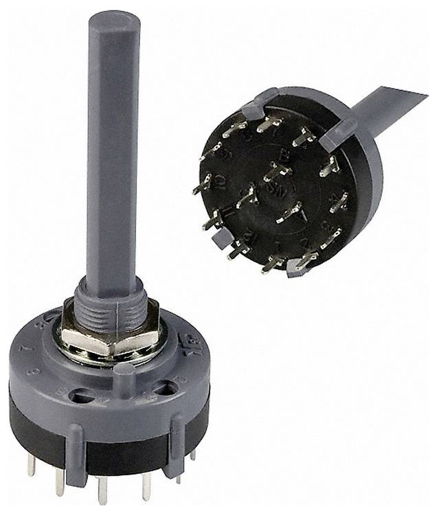 Un commutateur rotatif avec plusieurs broches et positions, présentant une tige centrale pour réglage manuel, montré sous deux angles.