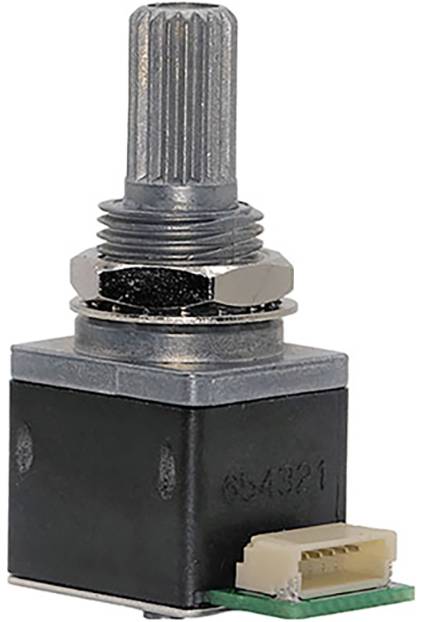Un codeur rotatif doté d'un arbre métallique et d'un boîtier en plastique noir, équipé d'un connecteur à la base pour les composants électriques.